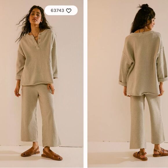 Revolve Free People BEACH Hailee SET Tan Alfalfa Waffle Knit Thermal Loungewear - Picture 1 of 10